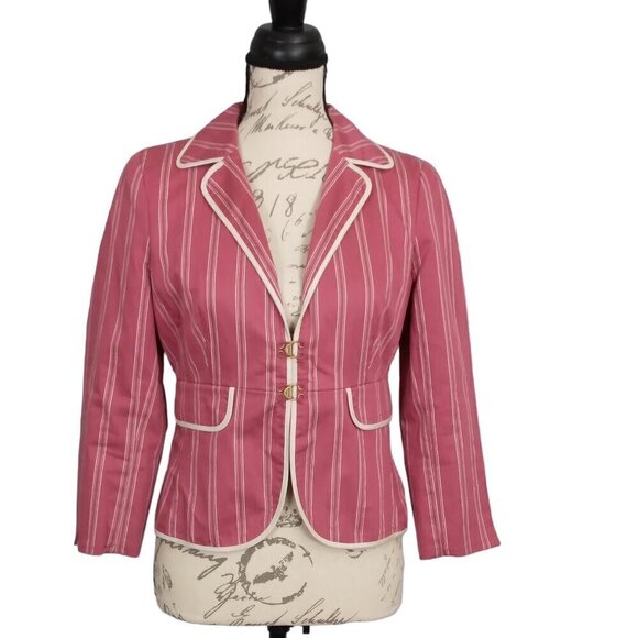 Express | Blazer Pink  Ivory Stripe Fitted Lined Jacket Cotton Stretch | Size 4 - Picture 1 of 9